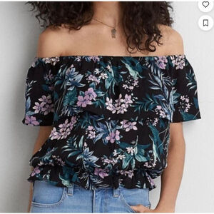 American Eagle Women's Black Floral Off The Shoulder Top Size XS